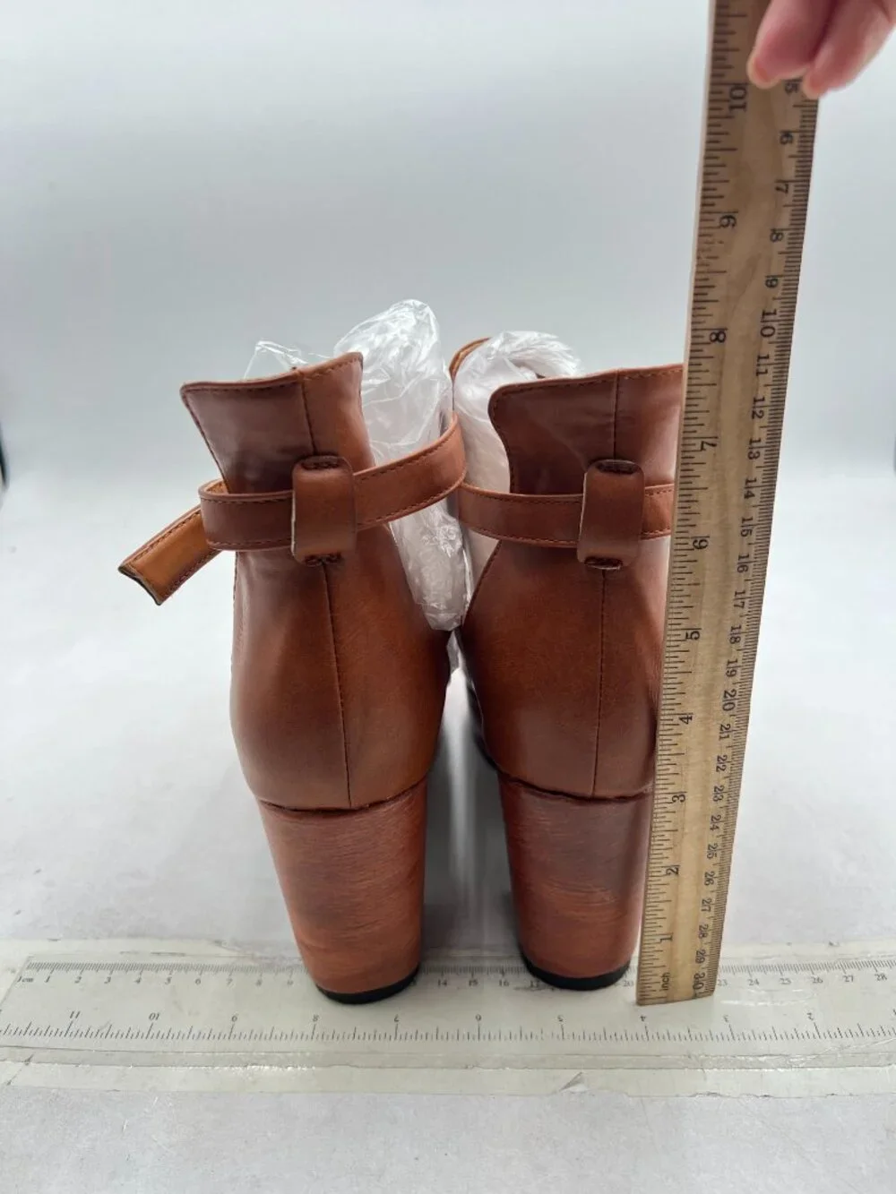 Brown Womens Platform Round Toe Cutout Strap Buckle Cork Block Heel  Ankle Boot